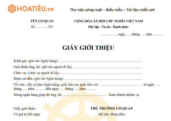 Mẫu giấy giới thiệu lấy sổ phụ ngân hàng, giấy báo nợ, báo có