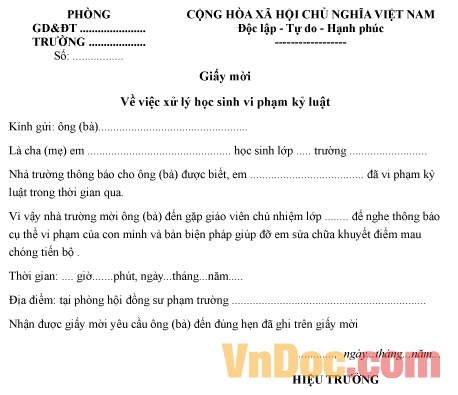 Giấy mời phụ huynh về việc xử lý học sinh vi phạm kỷ luật