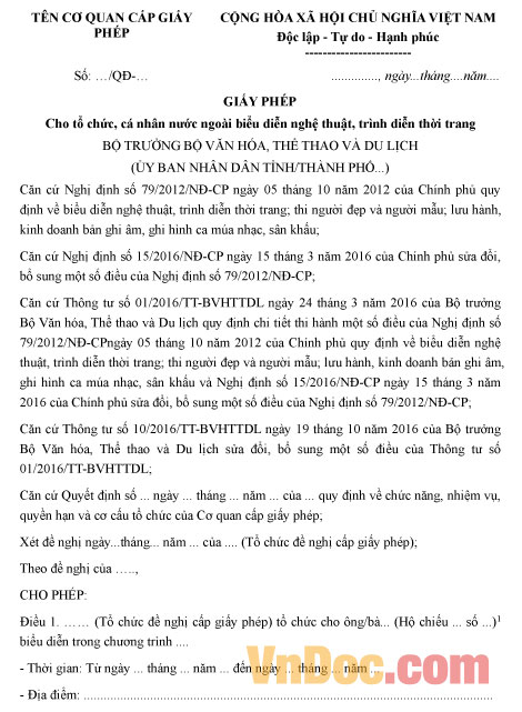 Mẫu giấy phép cho tổ chức, cá nhân nước ngoài biểu diễn nghệ thuật
