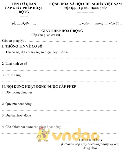 Mẫu giấy phép hoạt động của cơ sở trợ giúp xã hội