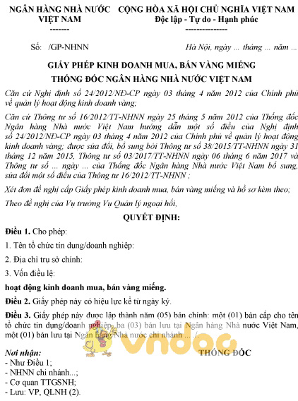 Mẫu giấy phép kinh doanh mua, bán vàng miếng