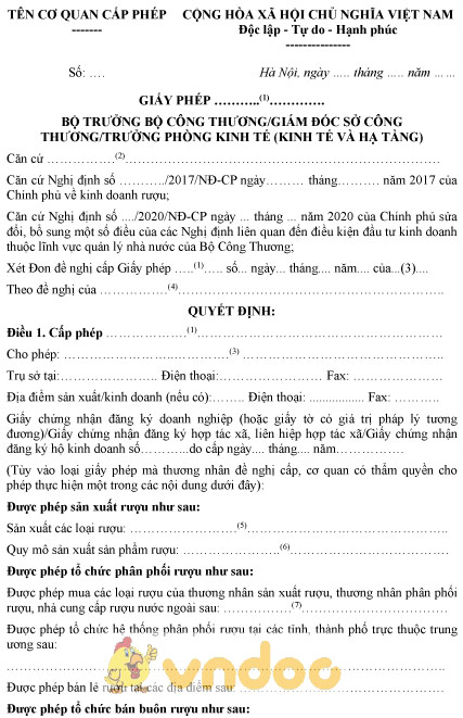 Mẫu giấy phép sản xuất, kinh doanh rượu