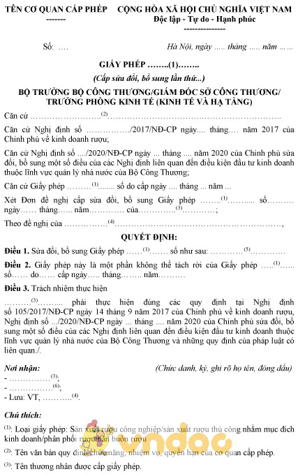 Mẫu giấy phép sản xuất, kinh doanh rượu cấp sửa đổi, bổ sung