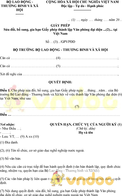 Mẫu giấy phép sửa đổi, gia hạn giấy phép thành lập Văn phòng đại diện cơ sở giáo dục
