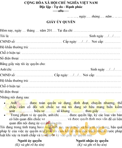 Mẫu giấy ủy quyền sở hữu sử dụng xe