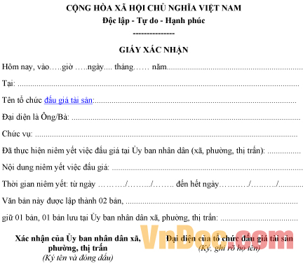 Mẫu giấy xác nhận về việc đấu giá tài sản