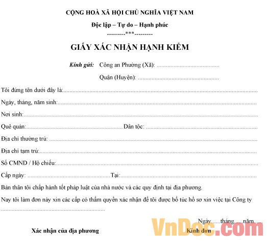 Đơn xác nhận hạnh kiểm