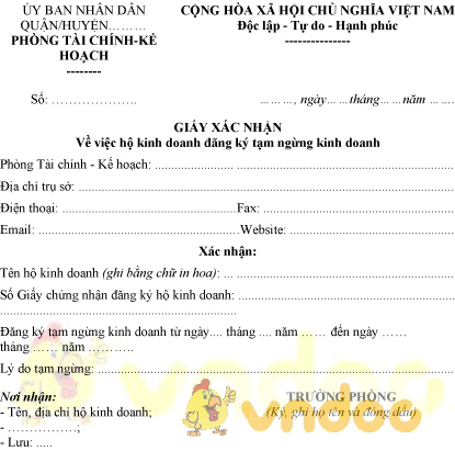 Mẫu giấy xác nhận hộ kinh doanh đăng ký tạm ngừng kinh doanh