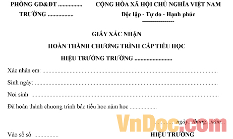 Mẫu giấy xác nhận về việc đã hoàn thành chương trình cấp tiểu học