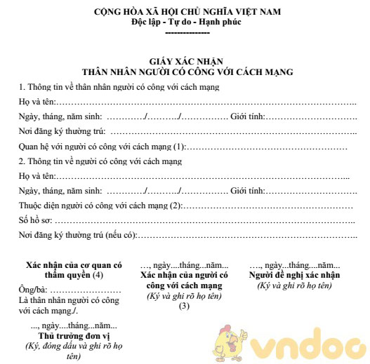 Mẫu giấy xác nhận thân nhân người có công với cách mạng
