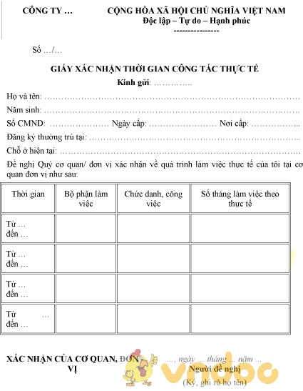 Mẫu giấy xác nhận thời gian công tác thực tế