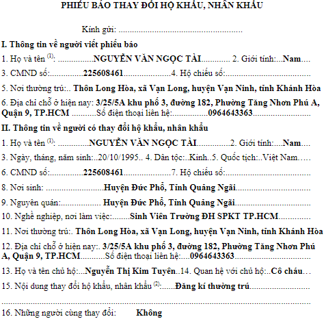 Phiếu báo thay đổi nhân khẩu, hộ khẩu