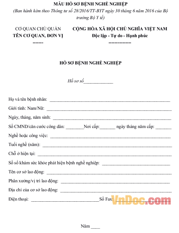 Mẫu hồ sơ bệnh nghề nghiệp 2016