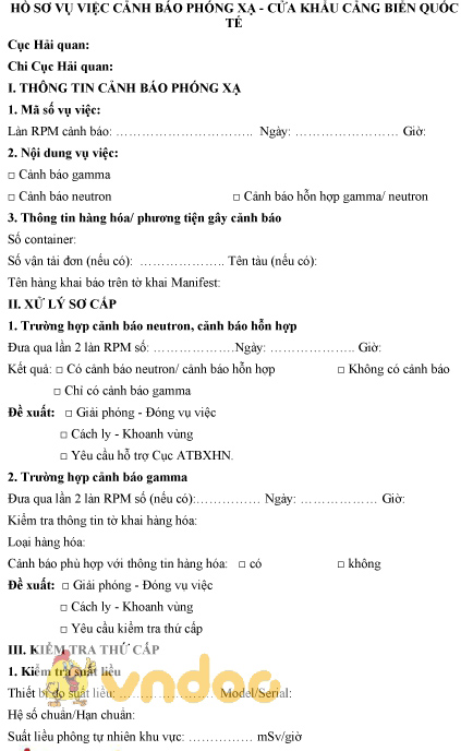 Mẫu hồ sơ vụ việc cảnh báo phóng xạ, cửa khẩu cảng biển quốc tế
