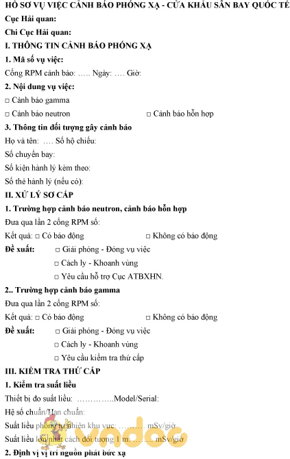 Mẫu hồ sơ vụ việc cảnh báo phóng xạ, cửa khẩu sân bay quốc tế