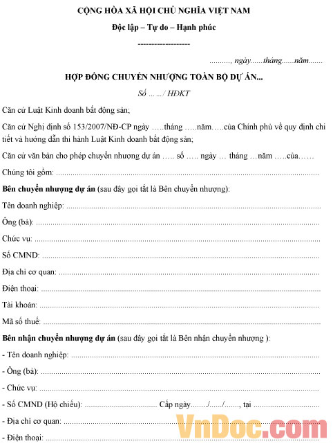 Mẫu hợp đồng chuyển nhượng dự án