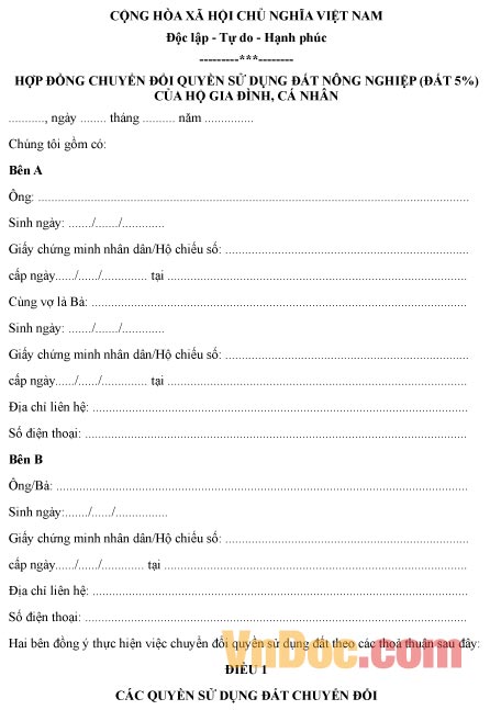 Mẫu hợp đồng chuyển đổi quyền sử dụng đất nông nghiệp