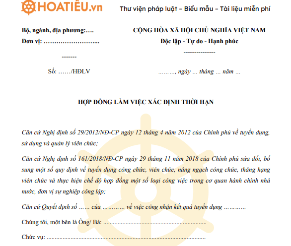 Mẫu hợp đồng làm việc xác định thời hạn