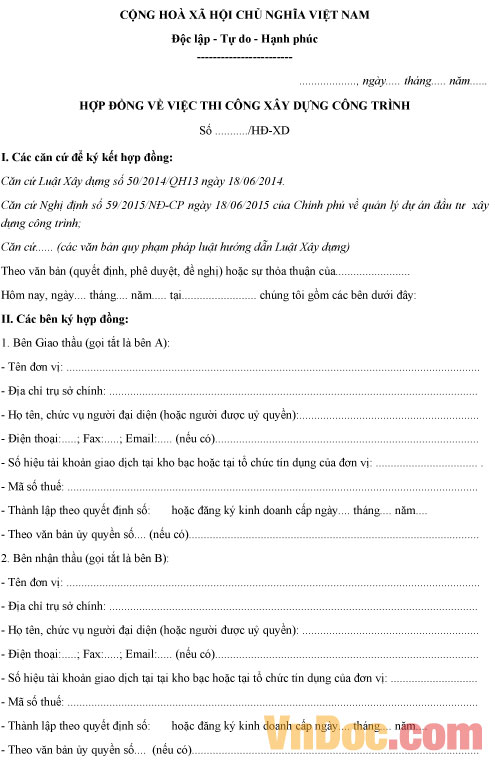 Mẫu hợp đồng thi công xây dựng công trình
