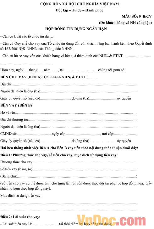 Mẫu hợp đồng tín dụng ngắn hạn
