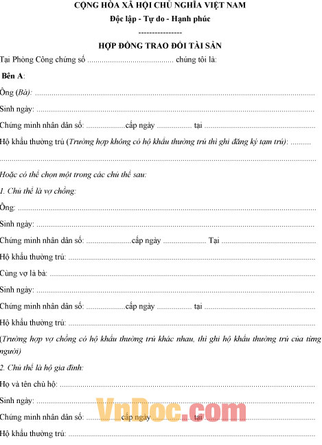 Mẫu hợp đồng trao đổi tài sản