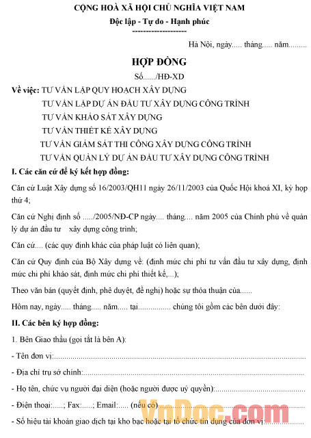 Mẫu hợp đồng tư vấn lập quy hoạch xây dựng