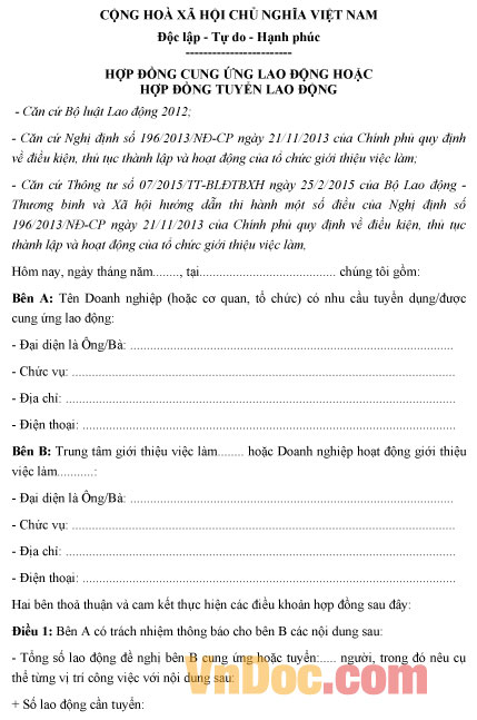 Mẫu hợp đồng tuyển lao động