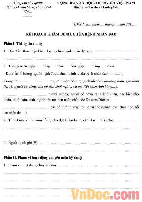 Mẫu kế hoạch khám bệnh, chữa bệnh nhân đạo