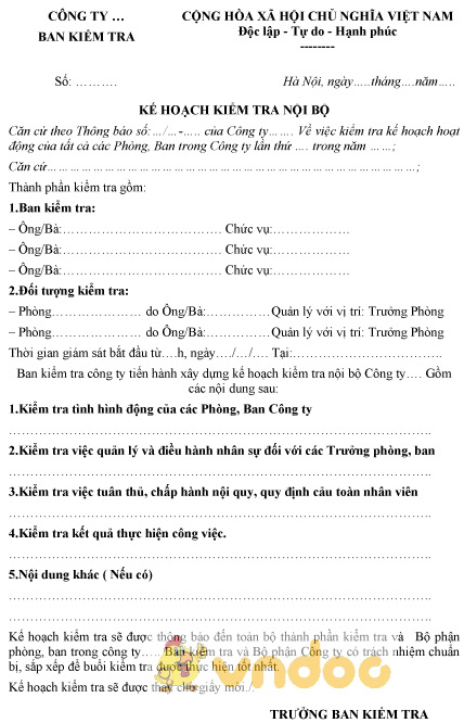 Mẫu kế hoạch kiểm tra nội bộ của doanh nghiệp