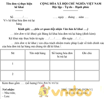 Mẫu kê khai hóa đơn trả lại hàng