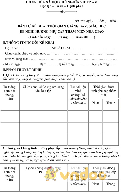 Mẫu kê khai hưởng phụ cấp thâm niên nhà giáo