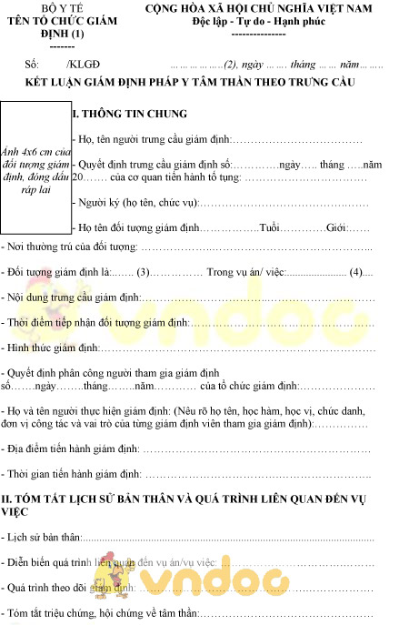 Mẫu kết luận giám định pháp y tâm thần theo trưng cầu