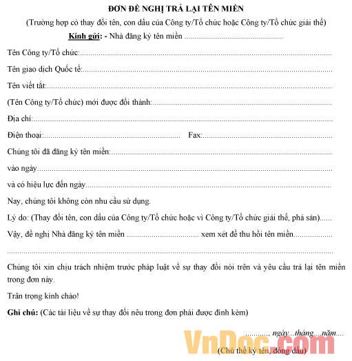 Mẫu khai trả lại tên miền