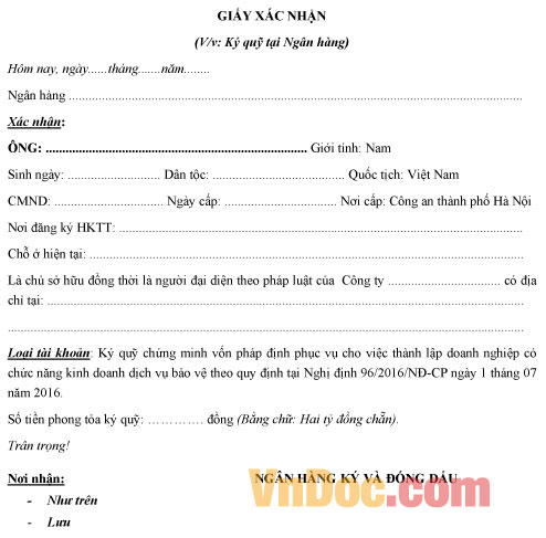 Mẫu ký quỹ kinh doanh dịch vụ bảo vệ