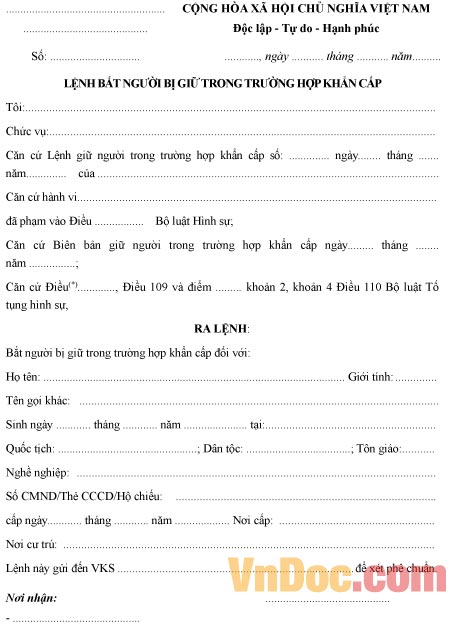 Mẫu lệnh bắt người bị giữ trong trường hợp khẩn cấp
