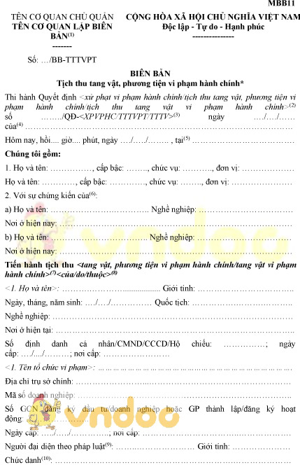 Mẫu MBB11: Biên bản tịch thu tang vật, phương tiện vi phạm hành chính