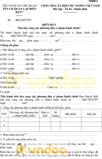 Mẫu MBB12: Biên bản tiêu hủy tang vật, phương tiện vi phạm hành chính