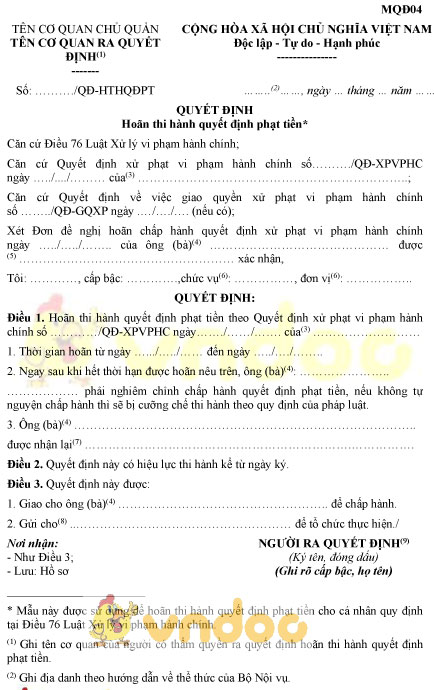 Mẫu MQĐ04: Quyết định hoãn thi hành quyết định phạt tiền