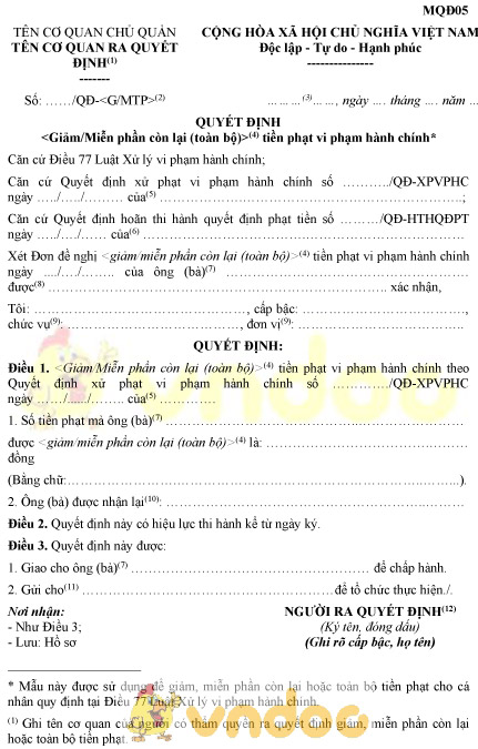Mẫu MQĐ05: Quyết định giảm, miễn tiền phạt vi phạm hành chính