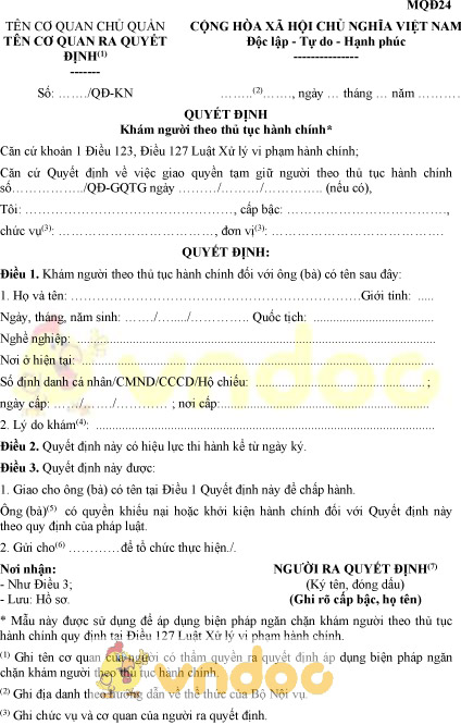 Mẫu MQĐ24: Quyết định khám người theo thủ tục hành chính