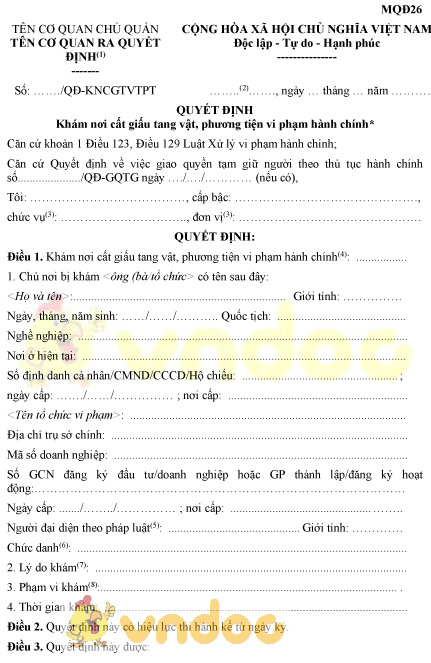 Mẫu MQĐ26: Quyết định khám nơi cất giấu tang vật, phương tiện vi phạm hành chính