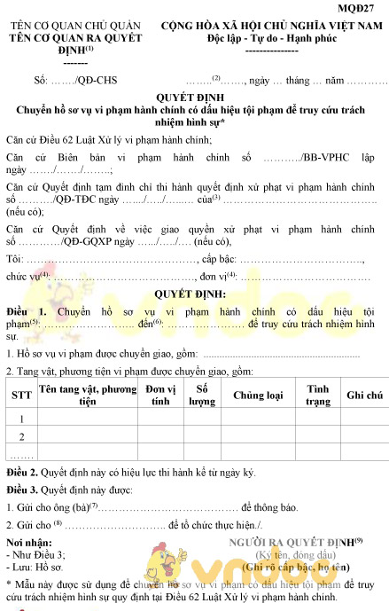 Mẫu MQĐ27: Quyết định chuyển hồ sơ vụ vi phạm hành chính có dấu hiệu tội phạm
