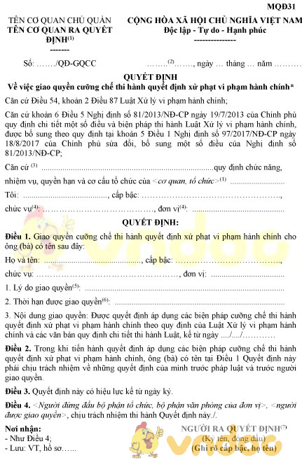 Mẫu MQĐ31: Quyết định giao quyền cưỡng chế thi hành quyết định xử phạt vi phạm hành chính