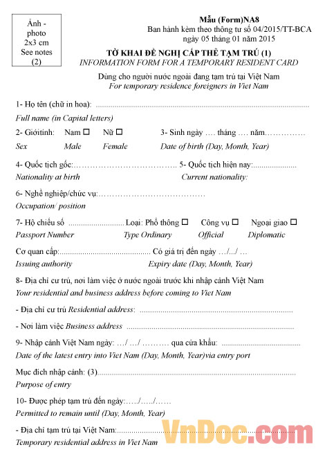 Mẫu NA8: Tờ khai đề nghị cấp thẻ tạm trú