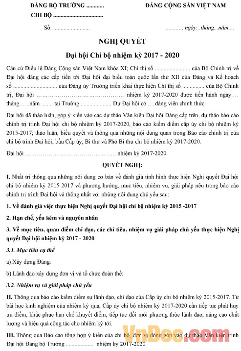 Mẫu nghị quyết đại hội chi bộ nhiệm kỳ 2017-2020