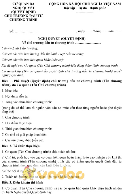 Mẫu nghị quyết (Quyết định) về chủ trương đầu tư chương trình