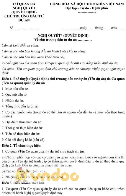 Mẫu nghị quyết (Quyết định) về chủ trương đầu tư dự án đầu tư công