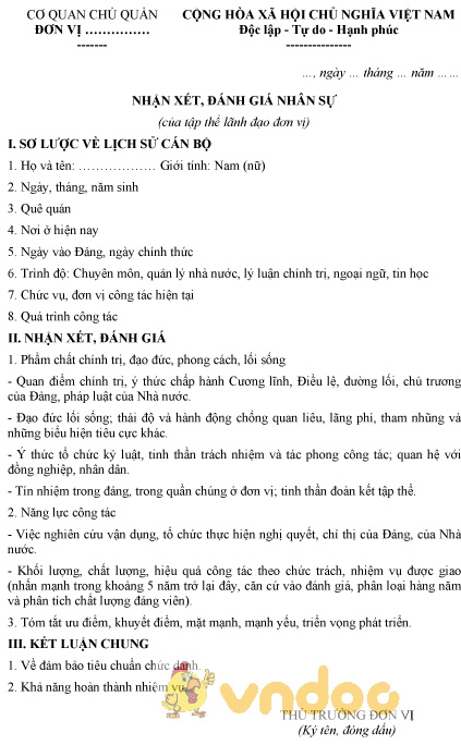 Mẫu nhận xét, đánh giá nhân sự của tập thể lãnh đạo đơn vị