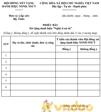 Mẫu phiếu bầu xét tặng danh hiệu “Nghệ sĩ ưu tú”