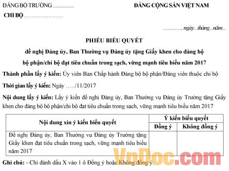 Mẫu phiếu biểu quyết khen thưởng tổ chức Đảng trong sạch, vững mạnh năm 2017